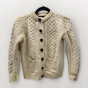 Vtg Inis Crafts Merino Wool Ivory Cable Knit Cardigan Sweater Ireland Size S